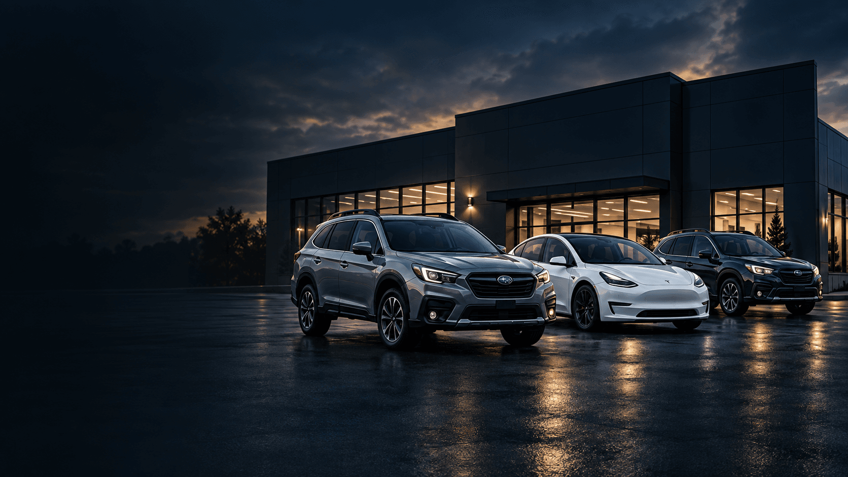 Concept illustration of a modern automotive shop with Subaru and Tesla vehicles at dusk
